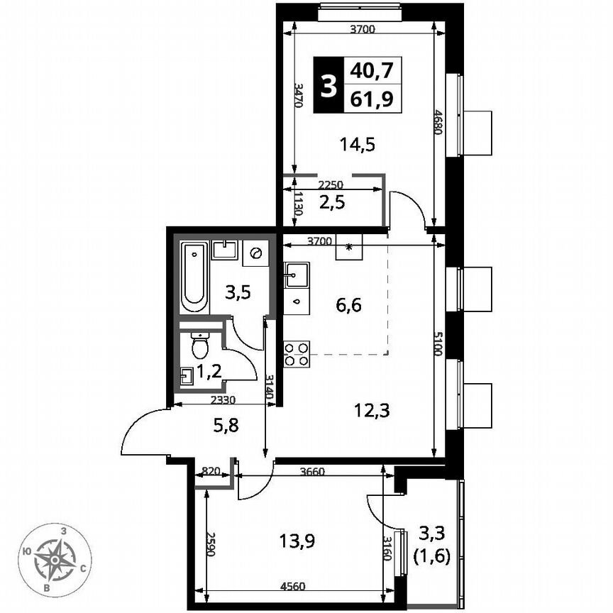 2-к. квартира, 61,9 м², 8/18 эт.