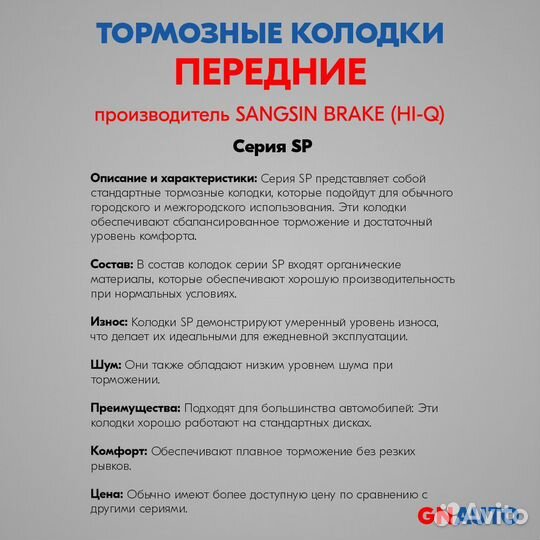 Тормозные колодки передние SP1842 Sangsin Brake