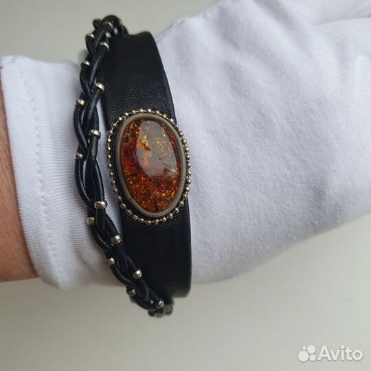 Браслет натур кожи и янтарь калининградский