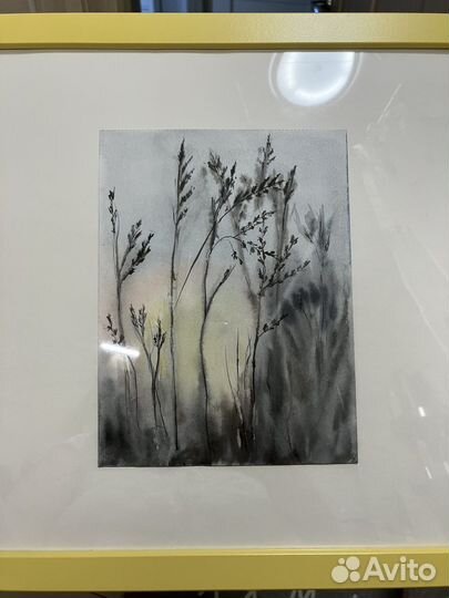 Картина рассвет утро трава цветы акварель А5