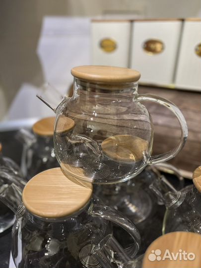 Чайник жаропрочный 1л с бамуковой крышкой