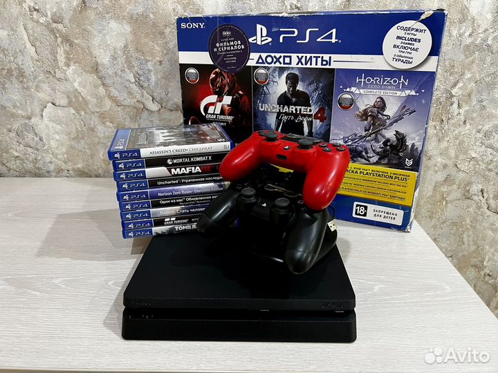 Sony PS4 slim 500gb + 2 геймпада + 9 игр