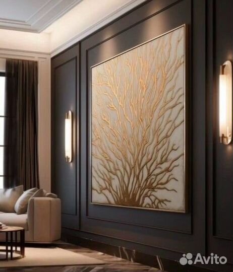 Картина в интерьер. Картина золотая поталь дерево