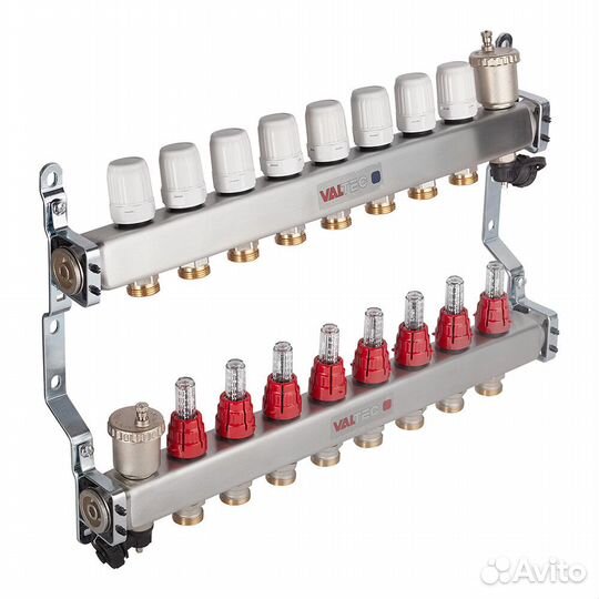 Коллекторная группа с расходомерами нержавеющая сталь Valtec 1 вр(г) х 8 выходов 3/4 нр(ш) ек х 1 вр