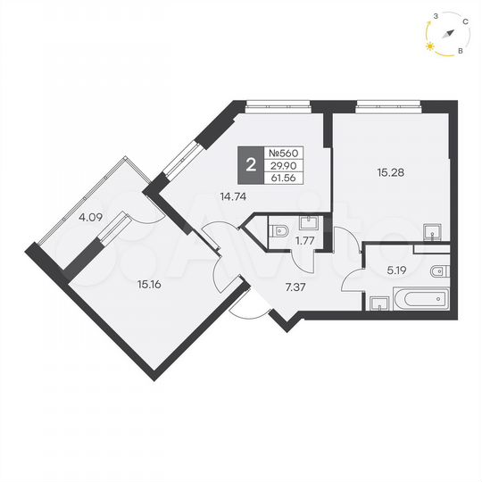 2-к. квартира, 61,6 м², 7/25 эт.