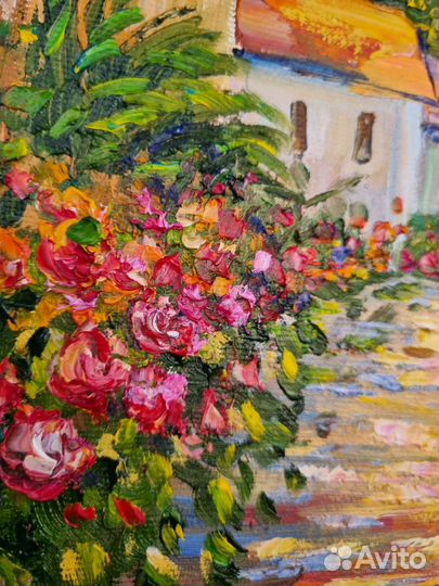 Картина маслом пейзаж лето море улицы дома холст