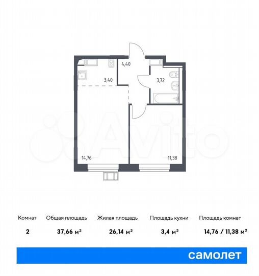 2-к. квартира, 37,7 м², 14/14 эт.
