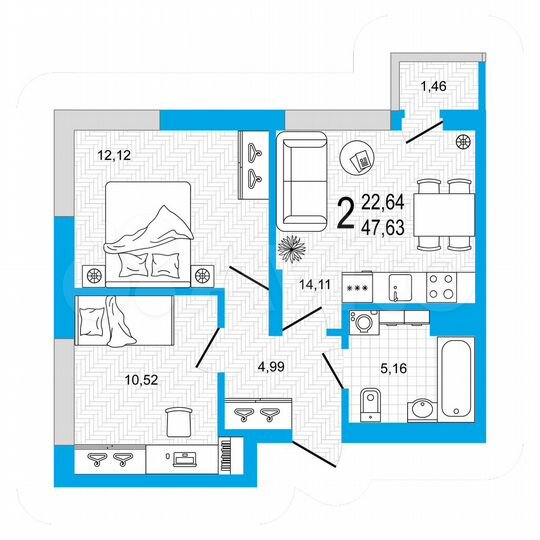 2-к. квартира, 47,6 м², 8/26 эт.