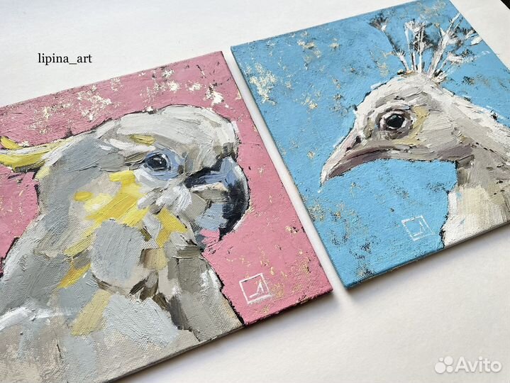 2 картины маслом анималистика птицы позолота