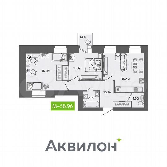 2-к. квартира, 59 м², 5/9 эт.