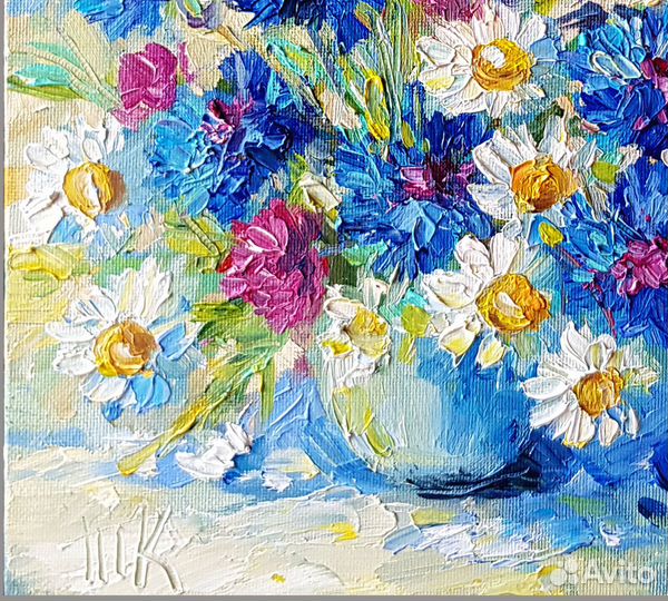 Картина ромашки васильки цветы маслом букет