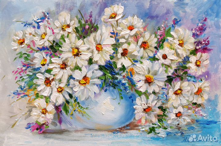 Картина с ромашками маслом Букет цветов в вазе