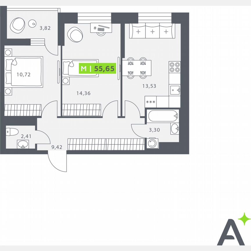 2-к. квартира, 55,7 м², 6/12 эт.