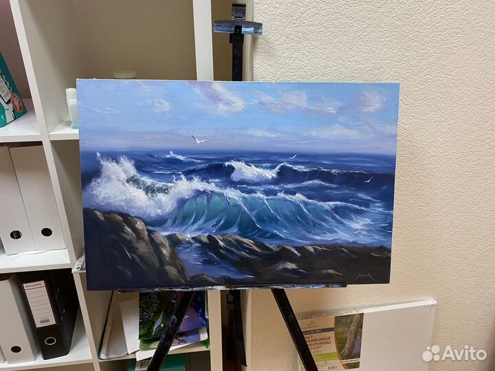 Волна у камней. Картина маслом