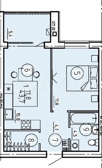 1-к. квартира, 43,7 м², 2/4 эт.