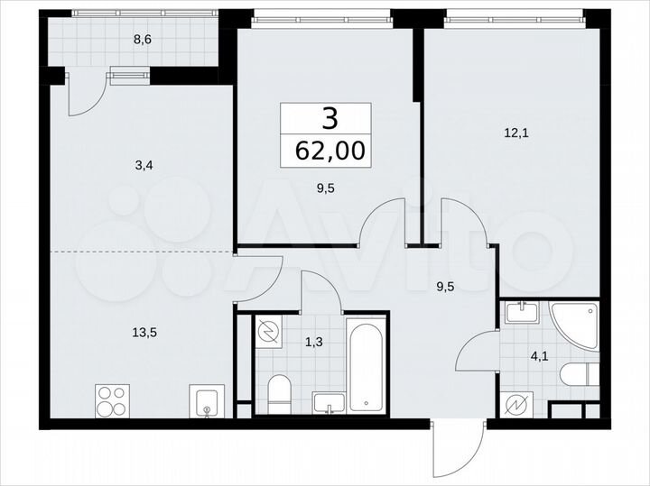 3-к. квартира, 62 м², 9/9 эт.