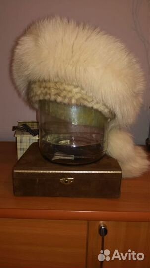 Шапка вязанная норка и мех песца