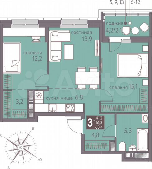 3-к. квартира, 63,4 м², 10/16 эт.