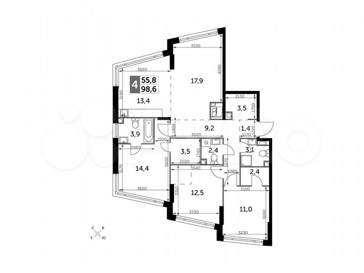 4-к. квартира, 98,6 м², 28/29 эт.