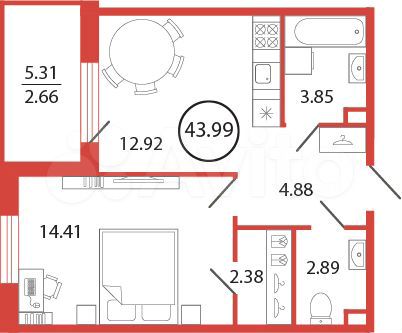1-к. квартира, 44 м², 5/12 эт.