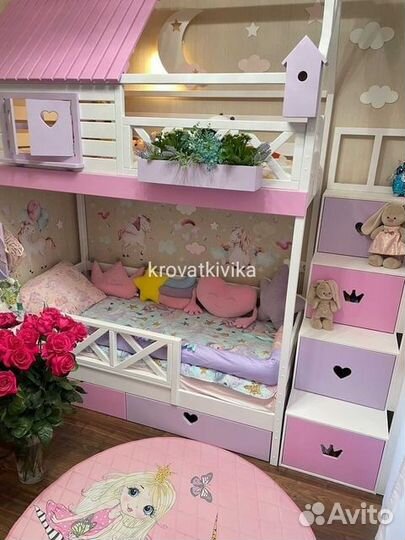 Двухъярусная Эко кровать домик из массива