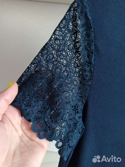 Блузка с кружевом, тёмно-синяя 140-146