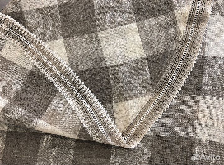 Скатерть льняная круглая 161см -№1, серая клетка