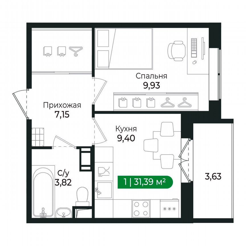 1-к. квартира, 31,4 м², 3/8 эт.