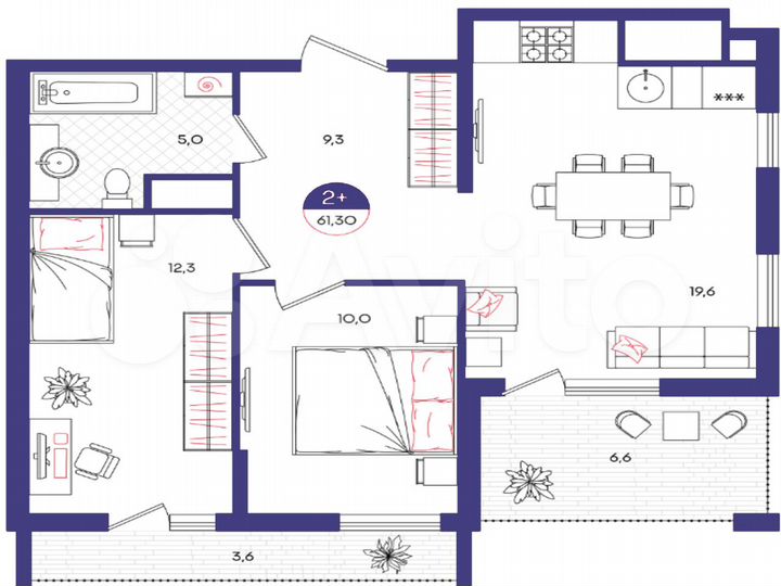 2-к. квартира, 61,3 м², 6/25 эт.