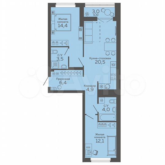 2-к. квартира, 67,3 м², 10/25 эт.