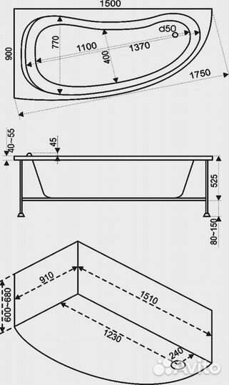 Акриловая ванна Bas Алегра L 150x90 см, угловая, с