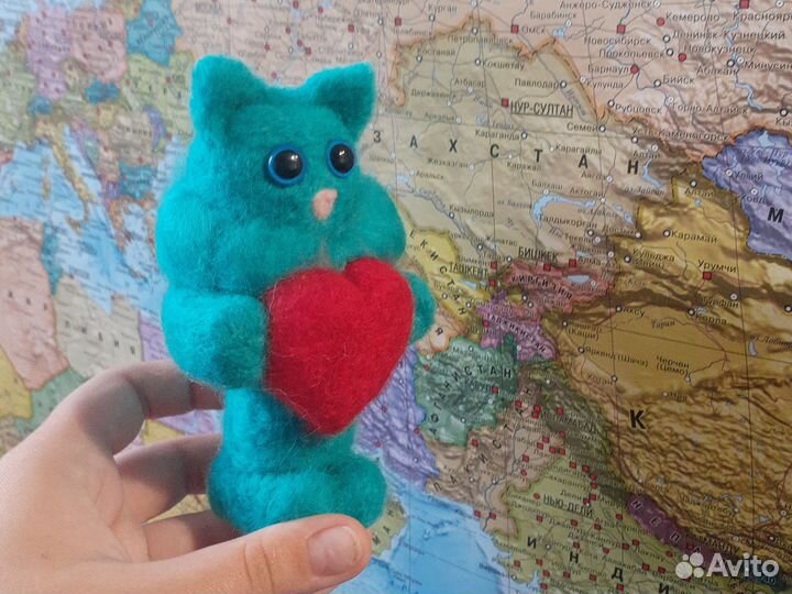 Валяный из шерсти кот Мягкая игрушка мятный котик