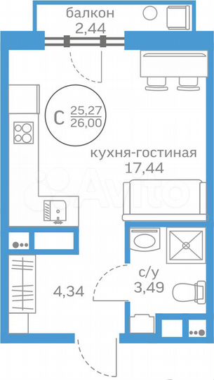 Квартира-студия, 25,3 м², 8/20 эт.