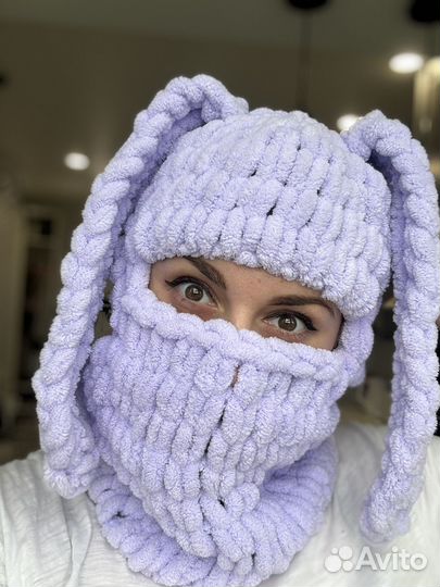 Шапка снуд балаклава зайчик сиреневая