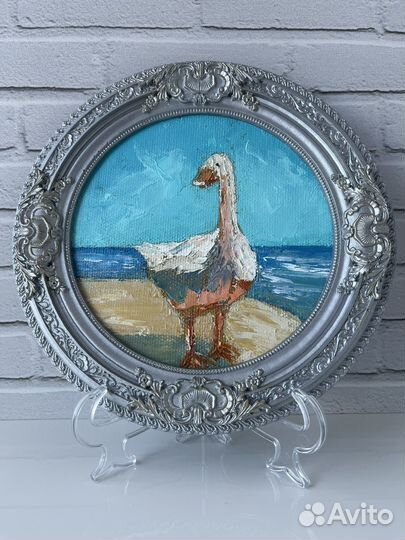 Картина маслом миниатюра в рамке Гусь