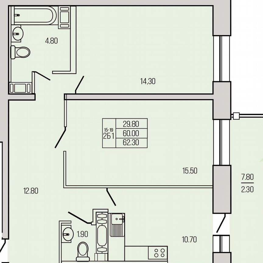 2-к. квартира, 62,3 м², 18/19 эт.