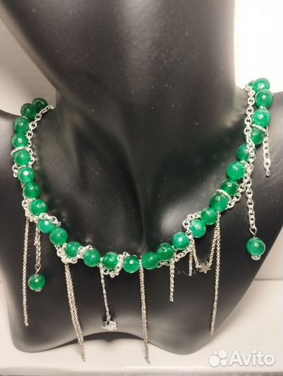 Колье- Гранж/чокер с зелёным агатом