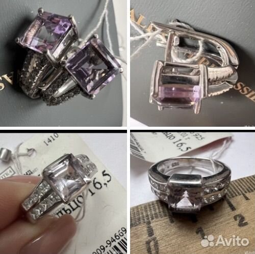 Серебряный комплект 925 серьги кольцо аметист