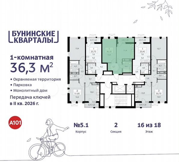 1-к. квартира, 36,3 м², 16/18 эт.