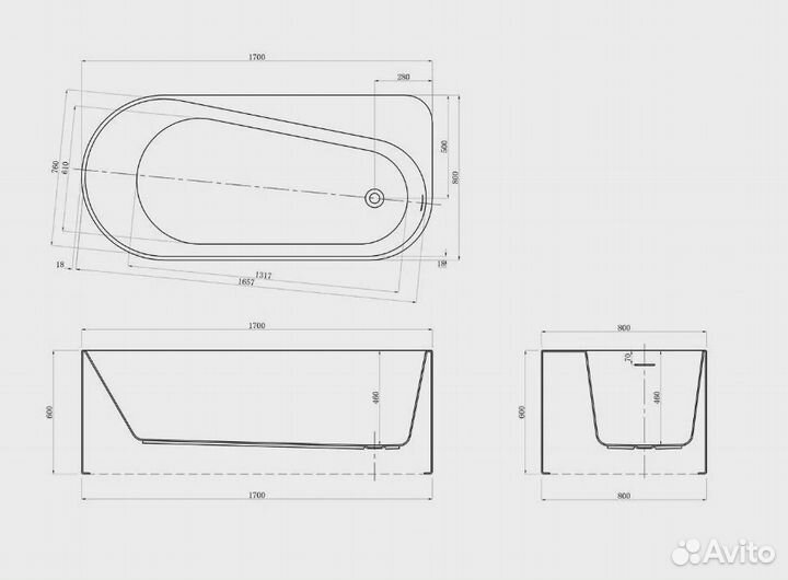 Акриловая ванна Azario Fano 170x80 правая