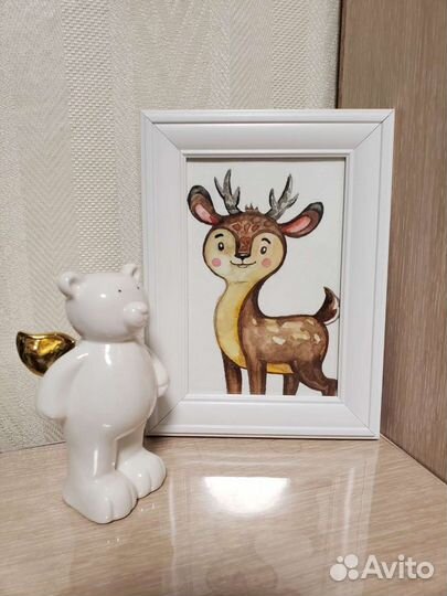 Акварель Олененок в раме и Совушка