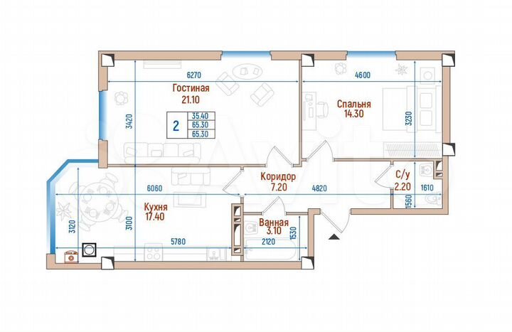 2-к. квартира, 65,3 м², 8/8 эт.