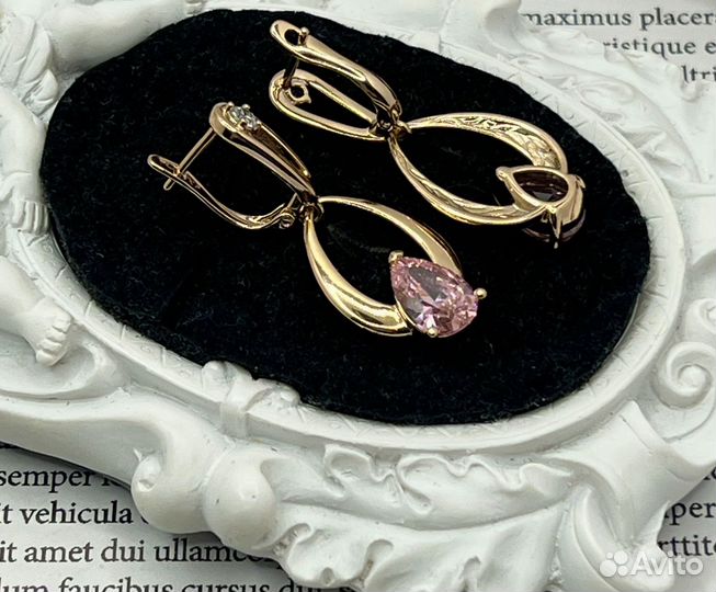 Серьги розовый кристалл, покрытие золото, новые
