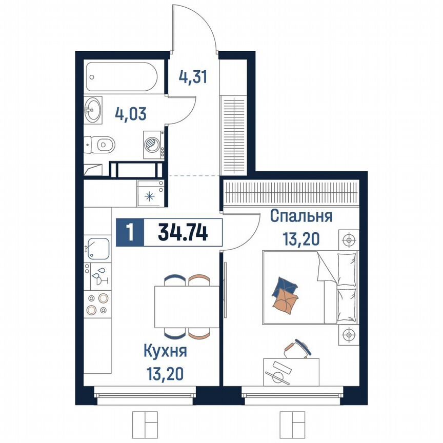 1-к. квартира, 34,7 м², 12/18 эт.