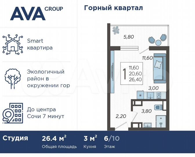 Квартира-студия, 26,4 м², 6/10 эт.