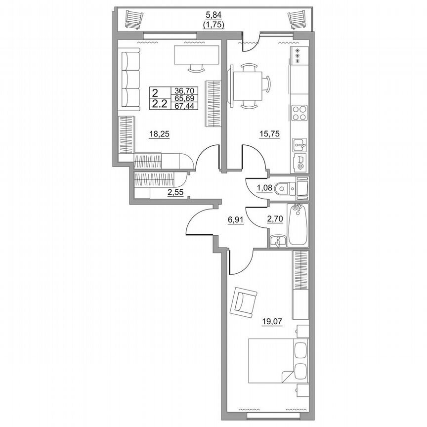 2-к. квартира, 67,4 м², 9/11 эт.