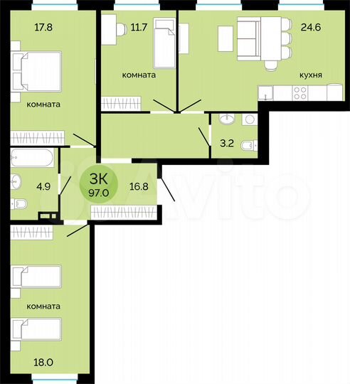 3-к. квартира, 97 м², 7/14 эт.