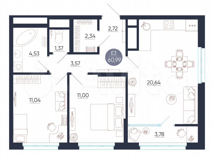 2-к. квартира, 61 м², 7/25 эт.
