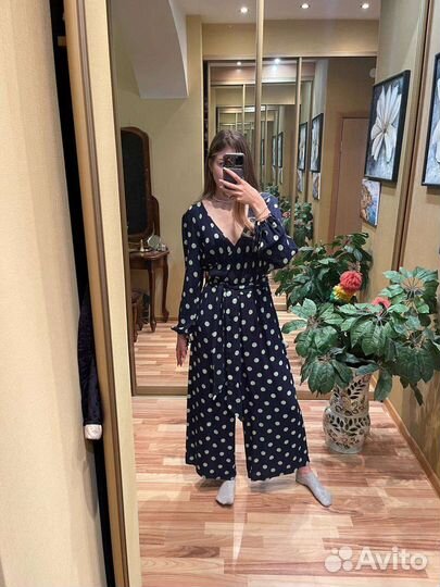 Комбинезон женский летний 46 горох зеленый на син