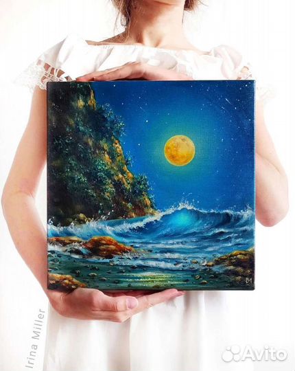 Картина маслом с морем, волнами, ночь, луна, 30х30